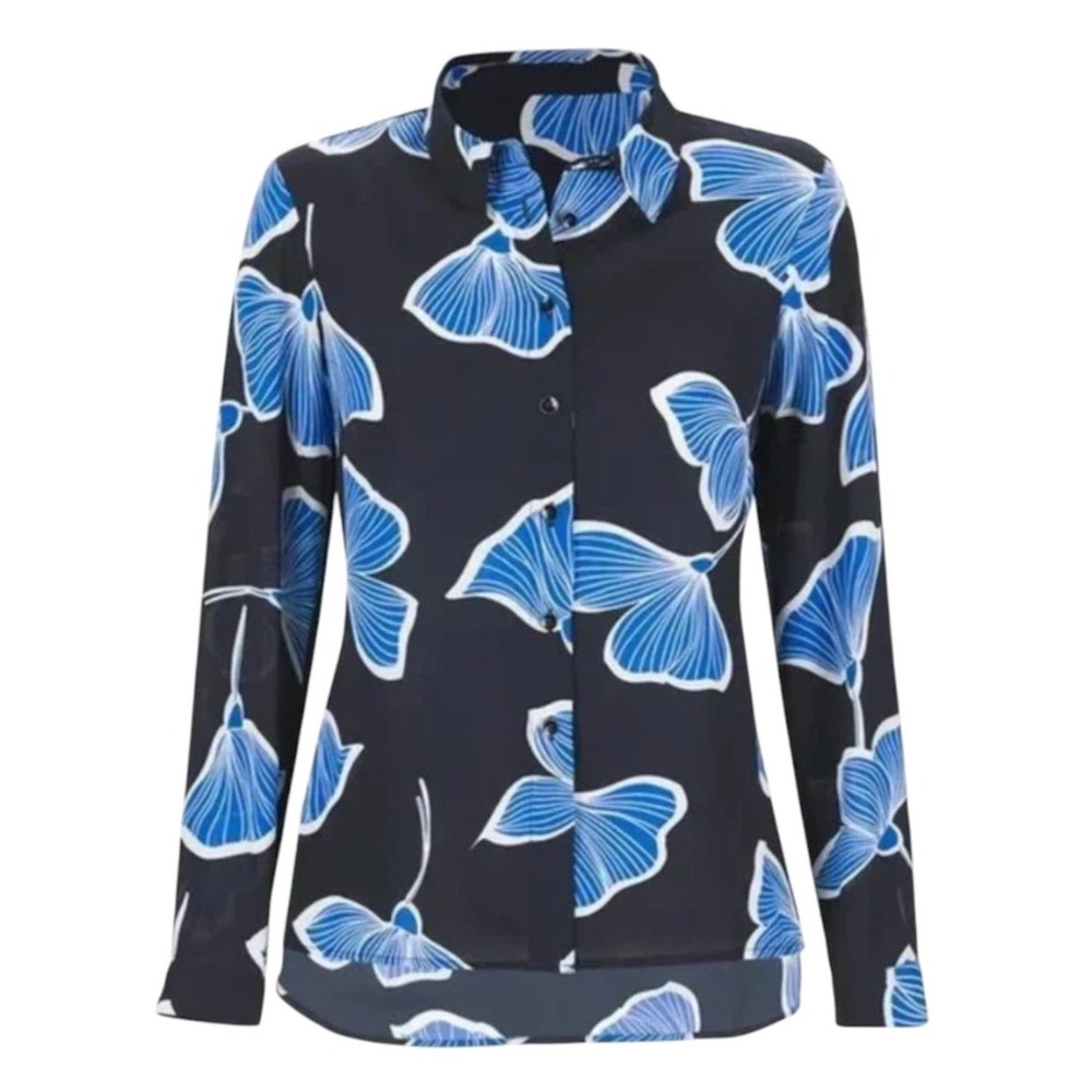 Cabi Regal Blouse S Navy Blue Iris Floral Print Button Front Shirt Style 6080